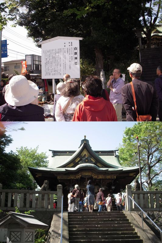 上：白旗神社前で解説している工藤先生　下：白旗神社へ