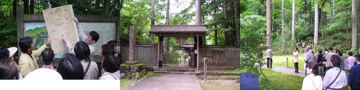 【平泉寺（白山神社）】　）（左写真）「中宮白山平泉寺境内古図」をご説明頂く　（右写真）白山神社社務所と旧玄成院の庭園と説明する関先生
